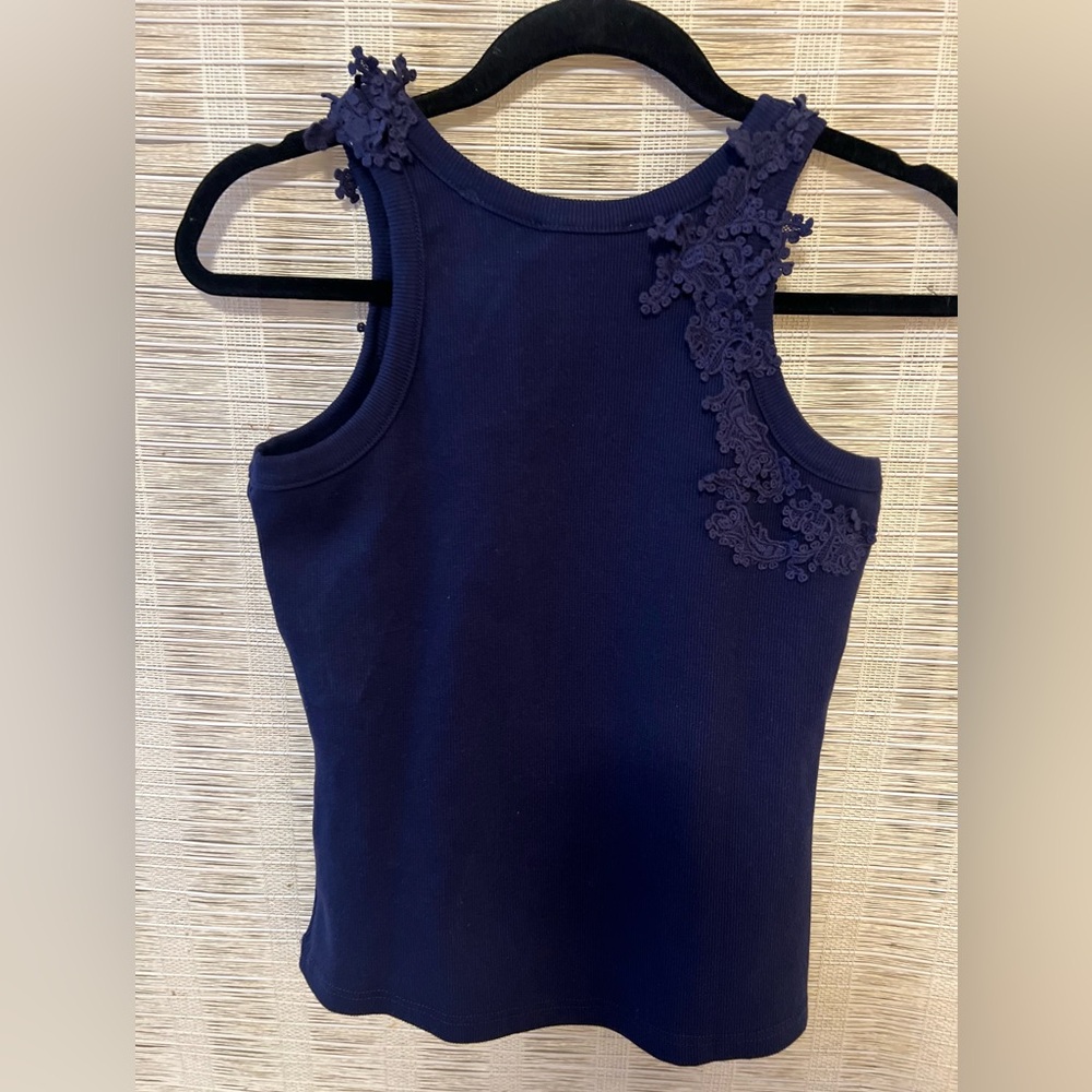 Caroline Constas Beautiful & Elegant Navy Blue Lace-Embellished Top Sz. S - Picture 5 of 14
